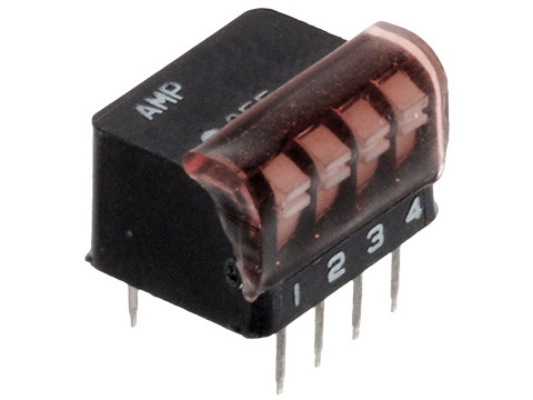 1-5435802-5, Переключатель DIP 4 позиции 24В 0,1А, 2.54mm, угловой, TE Connectivity