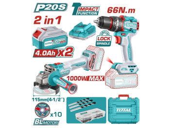 TCKLI20273, Набор аккумуляторных инструментов 2шт,TAGLI27153,TIDLI206681,20В, с аксессуарами TOTAL TCKLI20273, Набор аккумуляторных инструментов 2шт,TAGLI27153,TIDLI206681,20В, с аксессуарами TOTAL