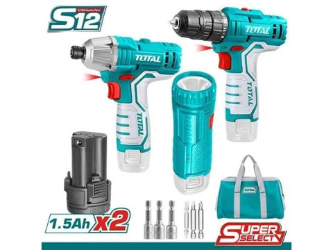 TKLI1203, Набор аккумуляторных инструментов Li-Ion 12V (шуруповерт, винтоверт, фонарик) TOTAL