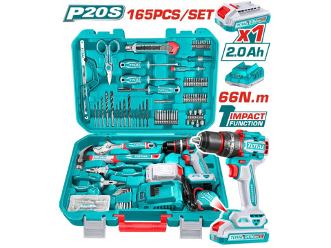 THKTHP11652, Набор инструментов с аккумуляторной дрелью 165шт, 20В литий-ионная ударная дрель TOTAL