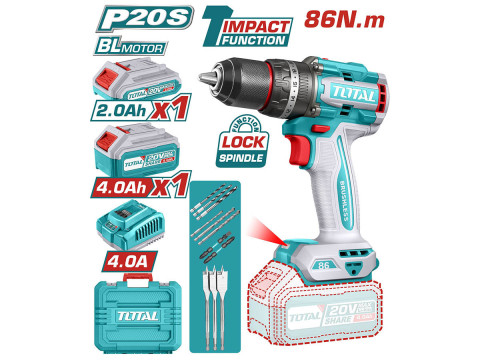 TIDLI20868, Аккумуляторная безщеточная ударная дрель-шуруповерт,20В,0-500/0-2000об/мин,30000уд/мин,8