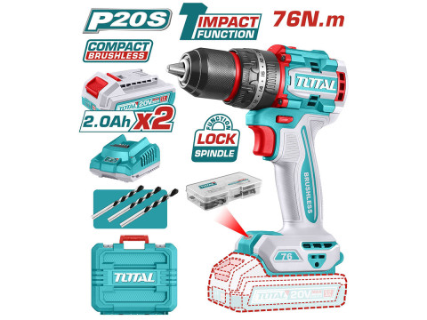 TIDLI20768, Аккумуляторная компактная бесщеточная ударная дрель-шуруповерт,20В, 0-500/0-2000 об/мин