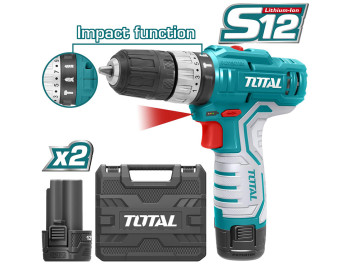 TIDLI1232, Аккумуляторная ударная дрель шуруповерт Li-ion 12V, 1.5Ah (кейс, 2 АКБ+ЗУ) Total, TOTAL