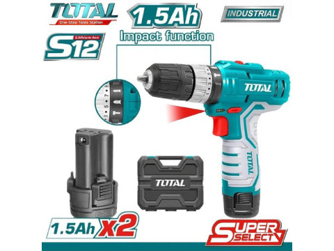 TIDLI12201, Аккумуляторная ударная дрель-шуруповерт 20 Нм, Li-ion 12V, 1,5Ah (кейс, 2 АКБ+ЗУ) TOTAL