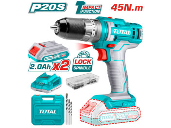 TIDLI201452, Аккумуляторная ударная дрель-шуруповерт 45 Нм, Li-ion 20V, 2.0Ah кейс (2 АКБ+ЗУ) TOTAL