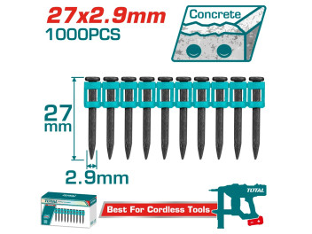 TAC02271, Гвозди для гвоздезабивателя,применения бетон, 27мм,1000шт.,диаметр: 2,9мм Total, TOTAL