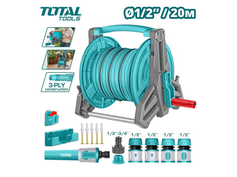 THHR20124, Набор катушки и садового шланга,1 трёхслойный ПВХ-шланг 20мx1/2' с аксессуарами Total, TO