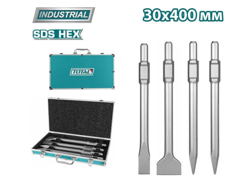 TAC0304375, Набор зубил SDS-HEX30 для отбойного молотка (4 шт.) TOTAL TAC0304375, Набор зубил SDS-HEX30 для отбойного молотка (4 шт.) TOTAL