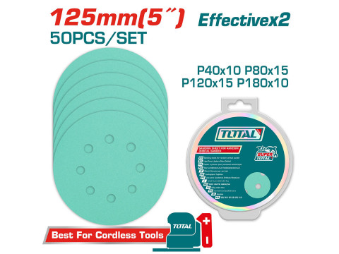 TAC125050, Круг шлифовальный перфорированный,125мм,50шт./компл.P40x10шт,P80x15шт,P120x15шт,P180x10шт TAC125050, Круг шлифовальный перфорированный,125мм,50шт./компл.P40x10шт,P80x15шт,P120x15шт,P180x10шт