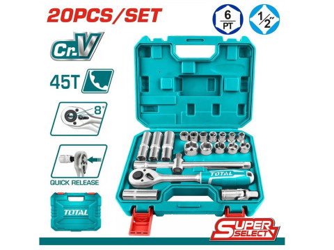 THT121201, Набор головок 1/2' с трещоткой 20шт, материал CR-V, кейс TOTAL