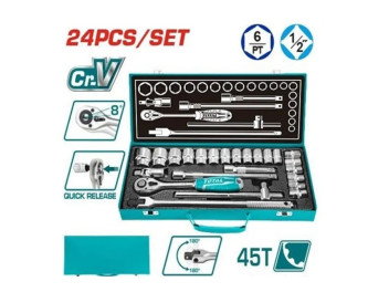 THT121242, Набор головок 1/2' с трещоткой 24шт, материал Cr-V(50BV30) TOTAL