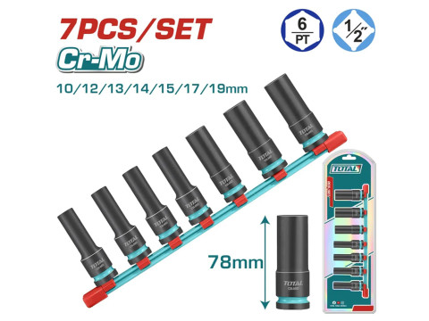 THKISD12073L, Набор удлиненных ударных торцевых головок 1/2' Dr. 7шт,10/12/13/14/15/17/19мм,длина 78