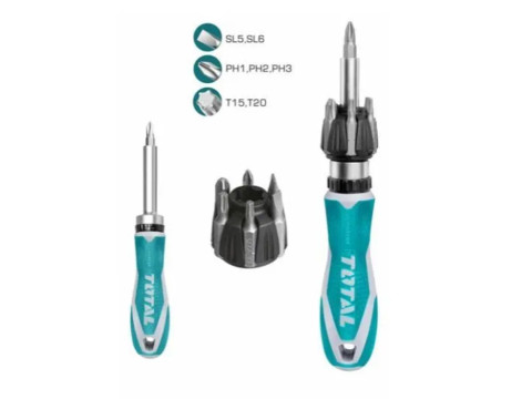 TACSD30086, Отвёртка трещёточная с битами 8 шт ТОТАL Биты : SL5, SL6, PH1, PH2, PH3 Т15, Т20., TOTA